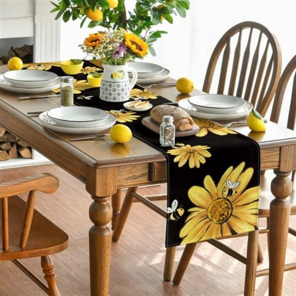Bee Sunflower Table Runner Black, Home Decor 13 x 72" Black - Picture 2 of 6